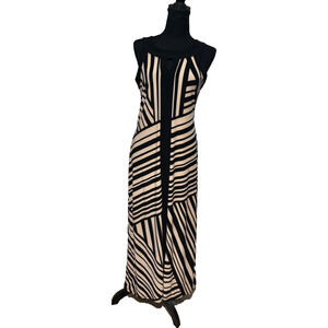 New Susan Lawerence Sleeveless MAXI‎ DRESS Sz S Geometric Black Tan Striped Chic